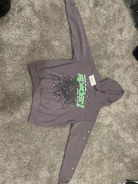 Kids Gray Hoodie with Neon Green Spiderweb Graphic